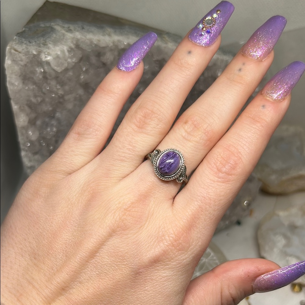 Purple Charoite Silver Plated Adjustable Ring - image 2